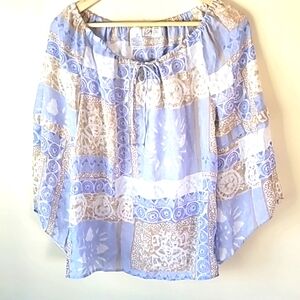 BLOCK PATTERN TIE NECKLINE OFF SHOULDER FEMININE BLOUSE CATHY CHE SIZE 8